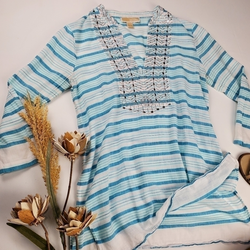 Michael Kors Blue White Stripe Silver Top Small - Picture 7 of 9